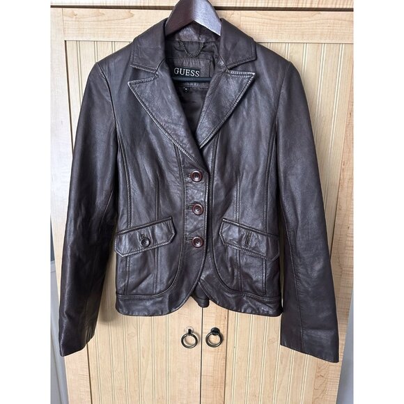GUESS Jackets & Blazers - Vintage Guess 90’s Y2K Genuine Womens Brown Leather Blazer Jacket Size M *READ*